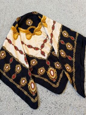 Vintage Baroque Chain & Medallion Print Scarf in Black, Gold, Cream